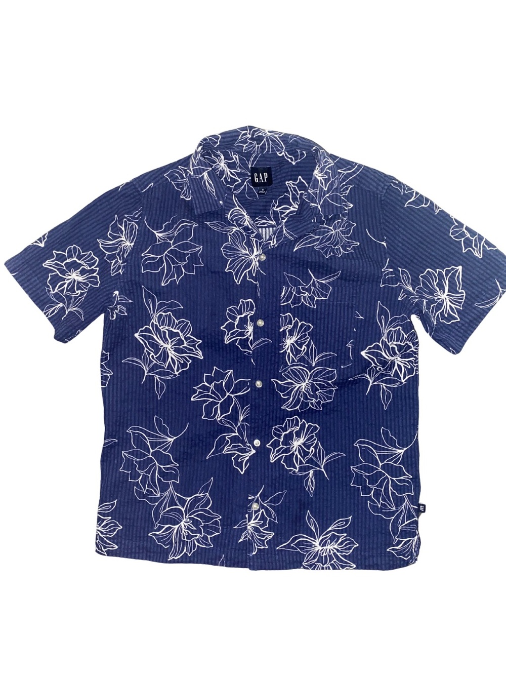 GAP Mens S Hawaiian Shirt Navy Blue Floral Seersucker 100% Cotton Camp Aloha